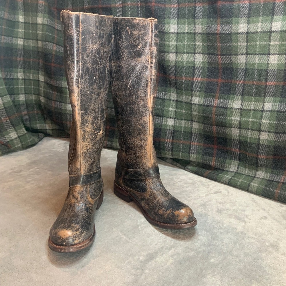 BED STU Manchester Distressed Leather Tall Riding Boots Black Tan Womens 9